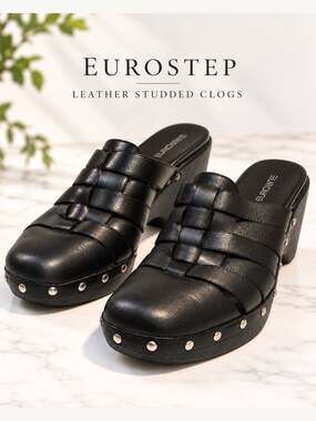 Eurostep Black Leather Woven Studded Clogs Women’s 8.5 Chunky Heel Mules